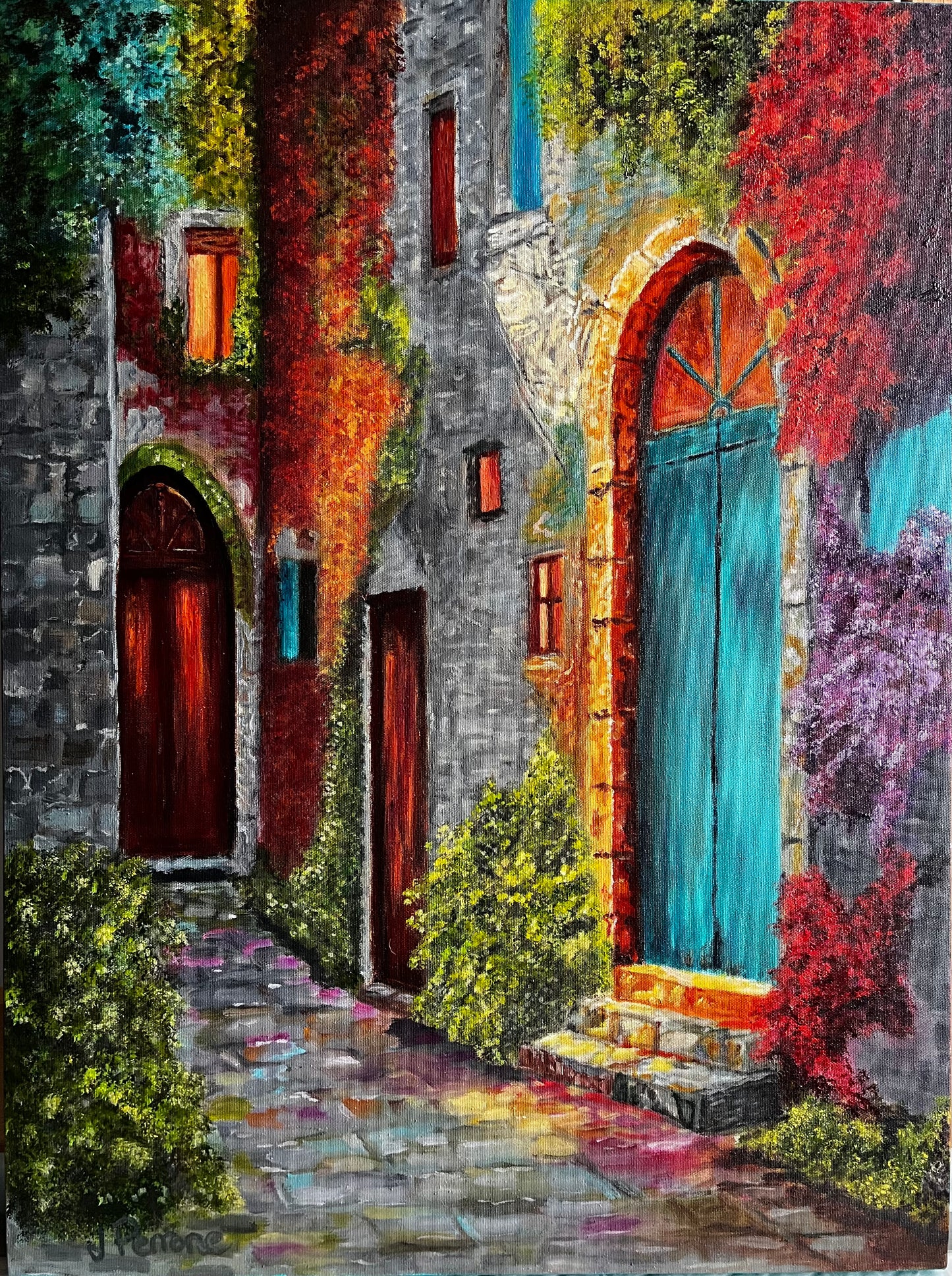 Quiet Passage - Original Oil Painting on Canvas/ Colourful Mediterranean Street Wall Art