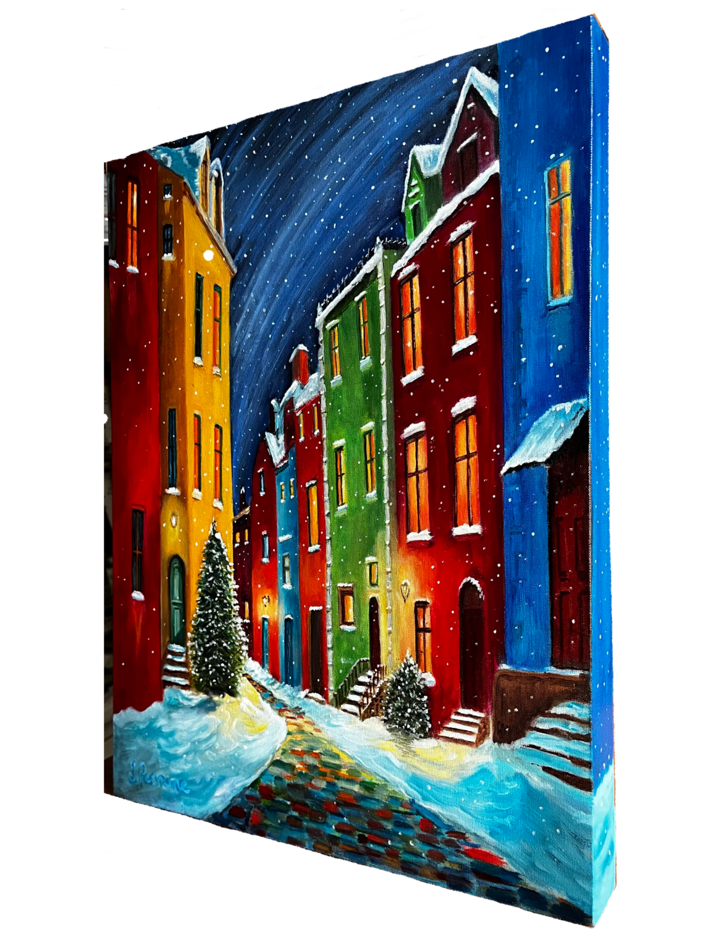 painting of a snowy street with colourful houses.