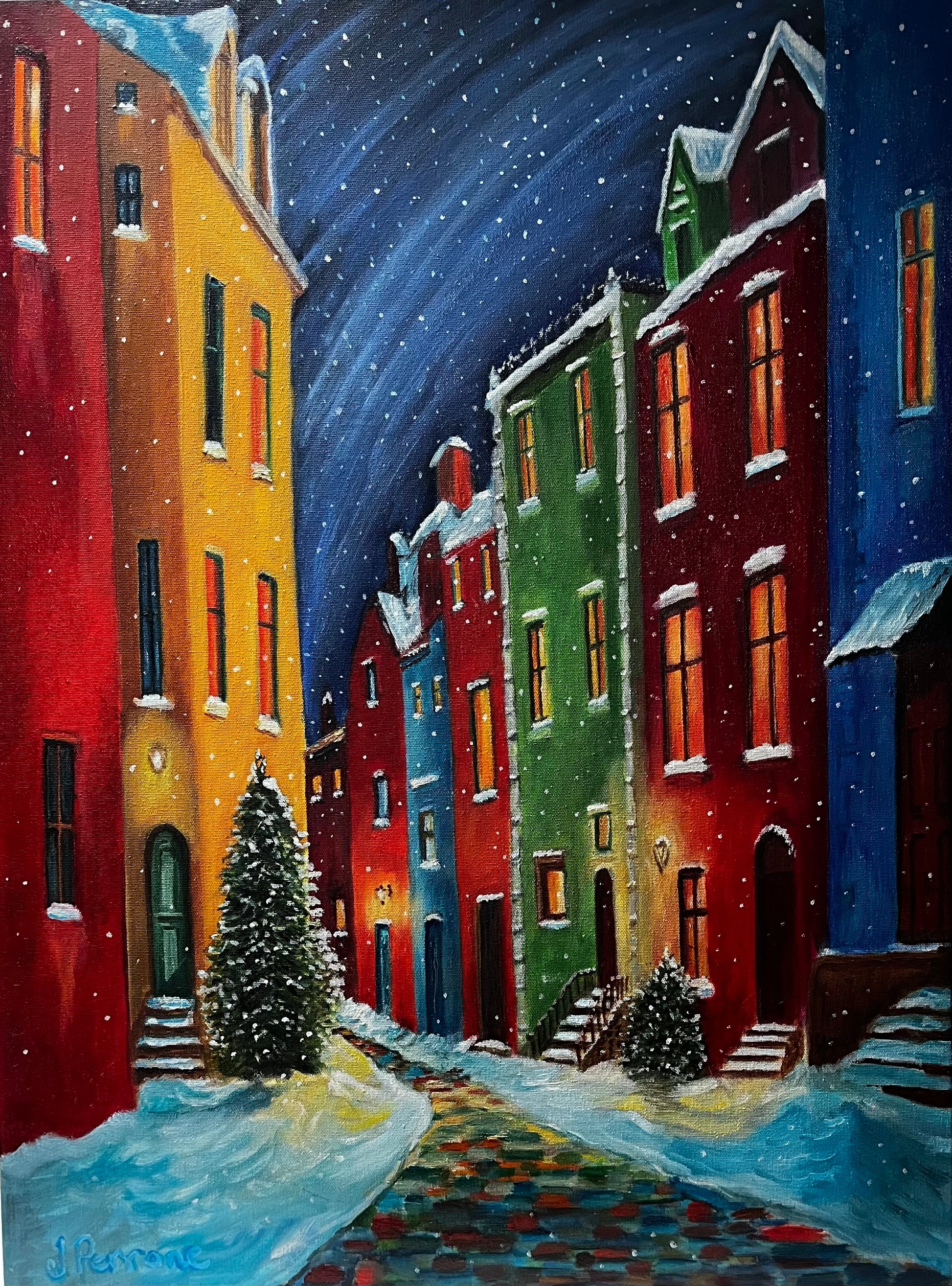 Colorful winter street scene with snow-covered houses and trees under a starry night sky.