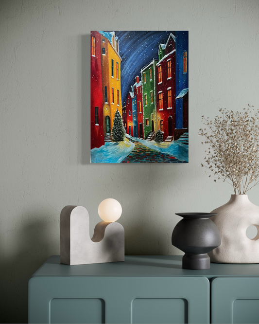 Colorful painting of a snowy street scene .