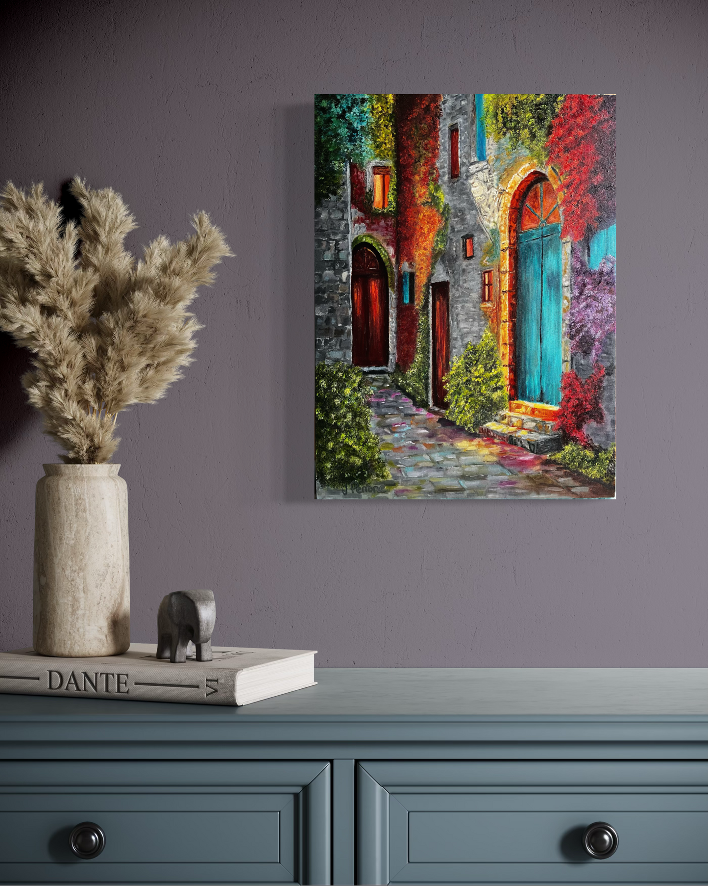 Colorful painting of a village pathway.

