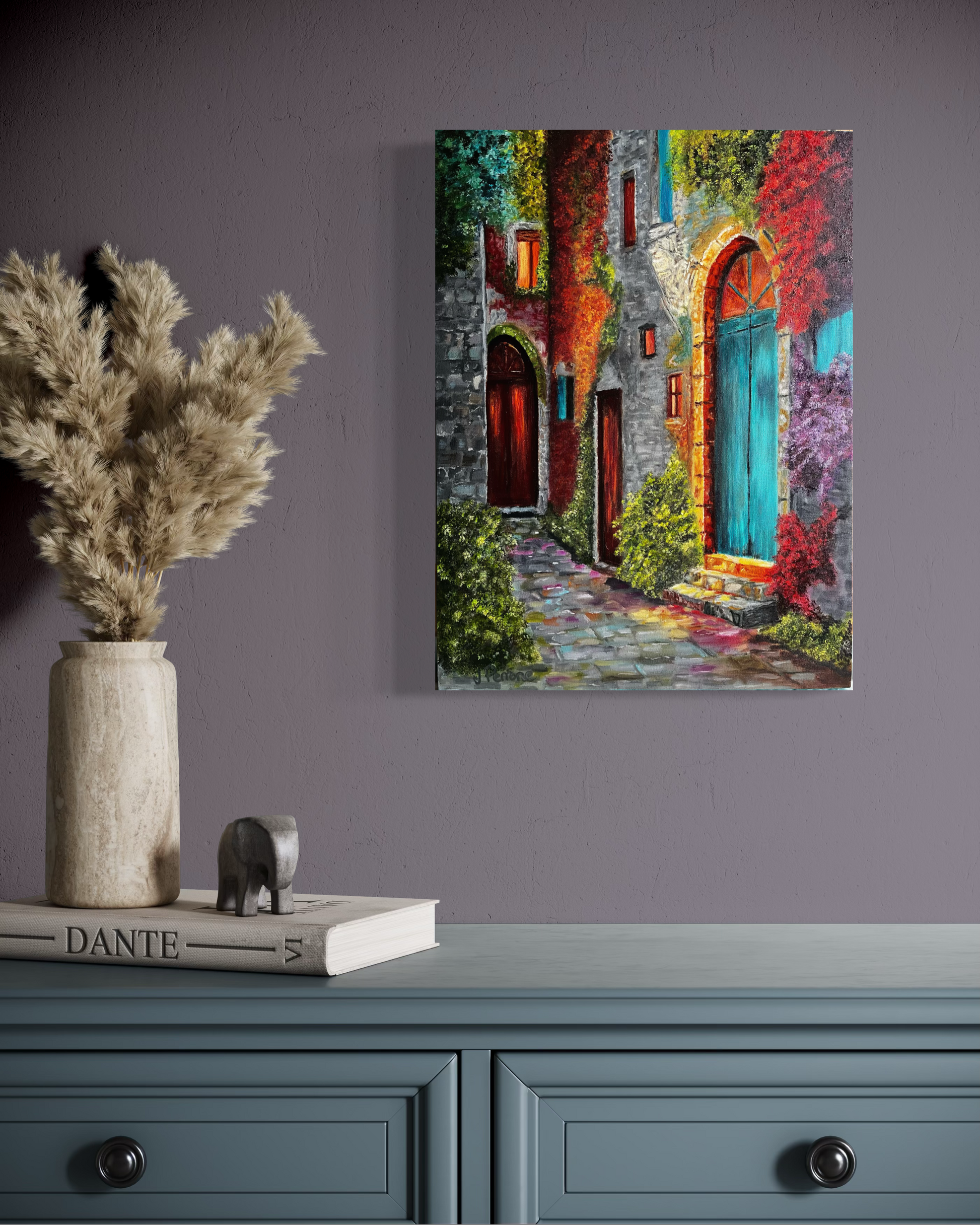Colorful painting of a village pathway.

