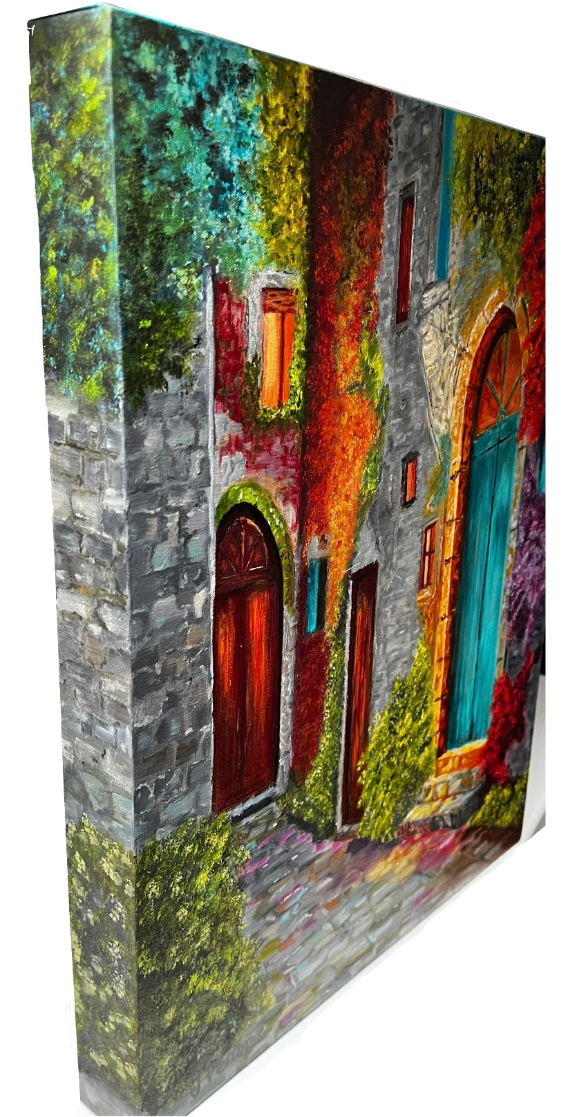 Decorative box with a colorful painting of a stone building and archways.