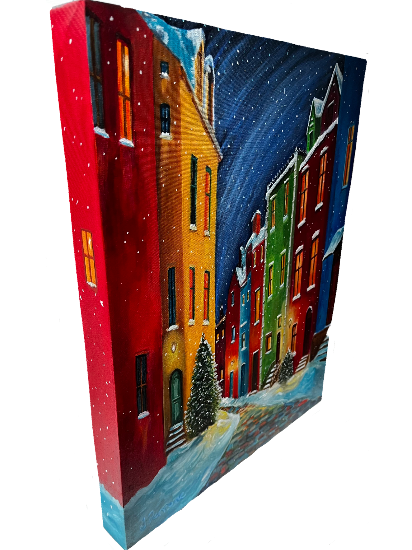 Painting of colorful houses on a snowy street