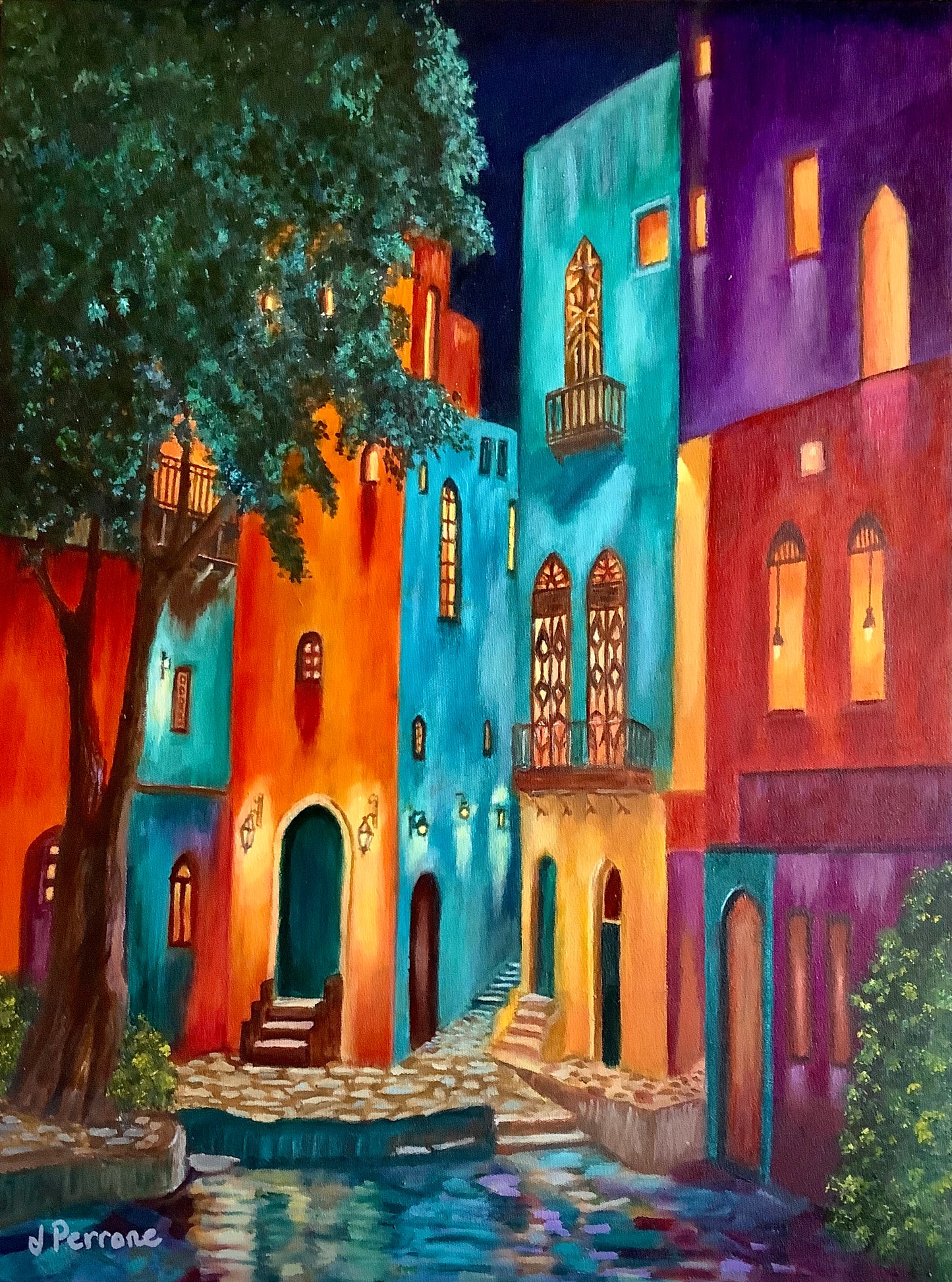 Colorful street scene with buildings and trees at night
