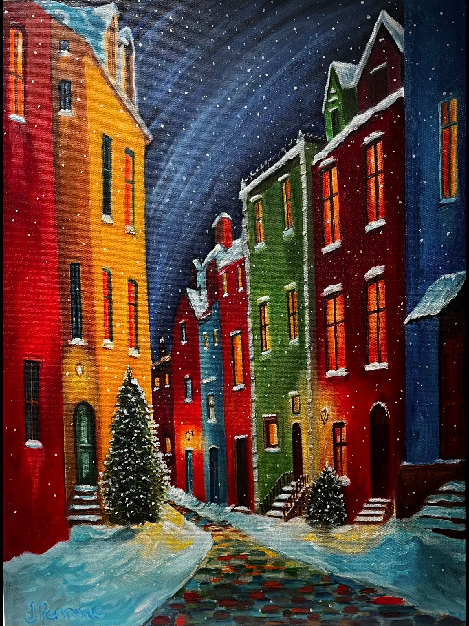Painting of a snowy street with colorful houses and trees.