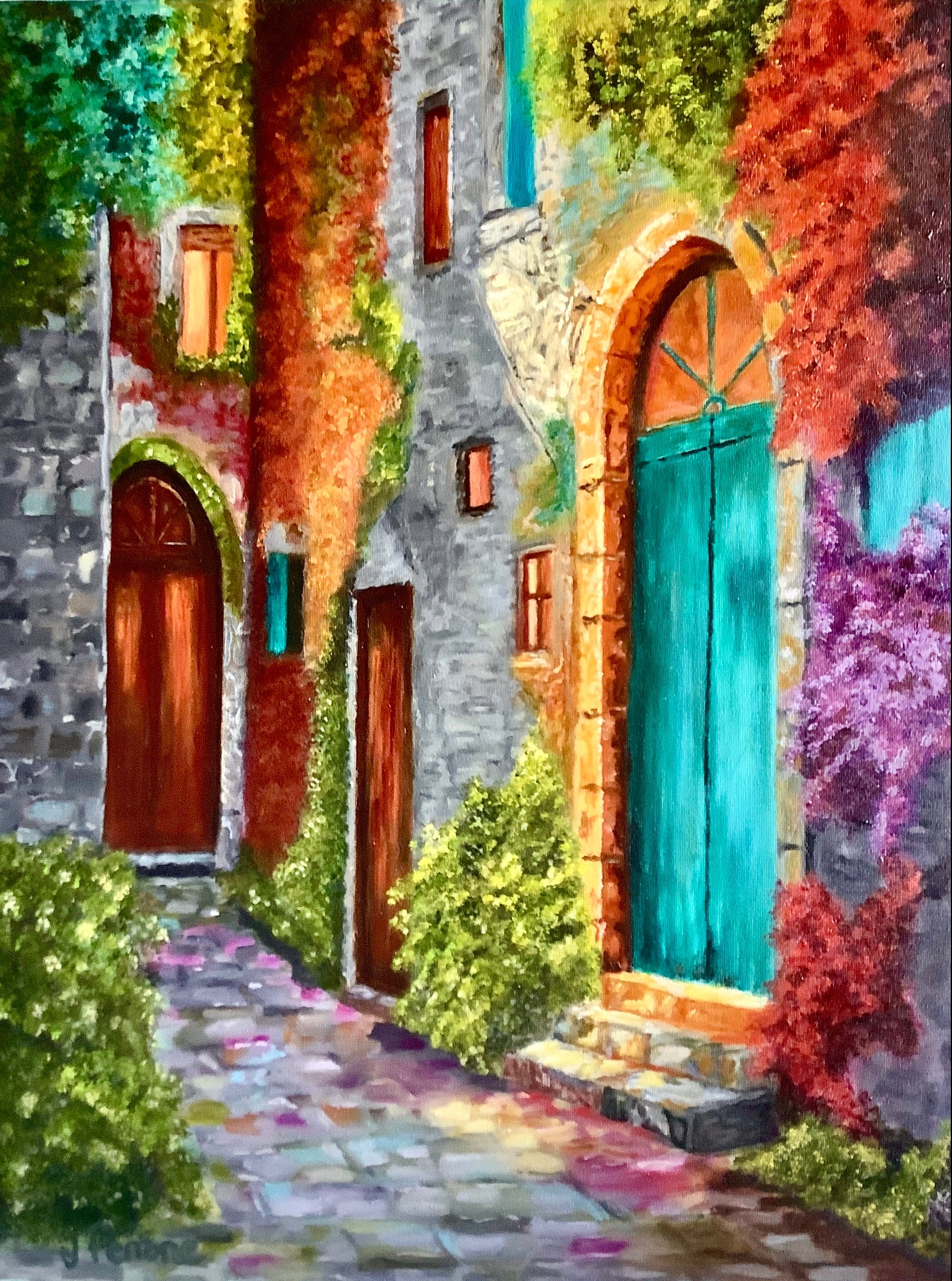Painting of a quaint street with stone buildings and colorful doors.