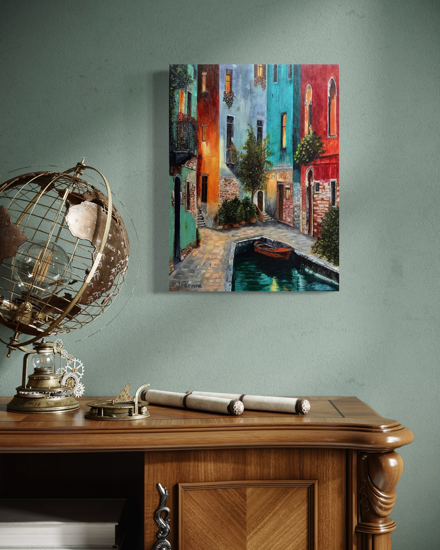 The quiet corner - Atmospheric Venice inspired Street Scene Original Oil Painting